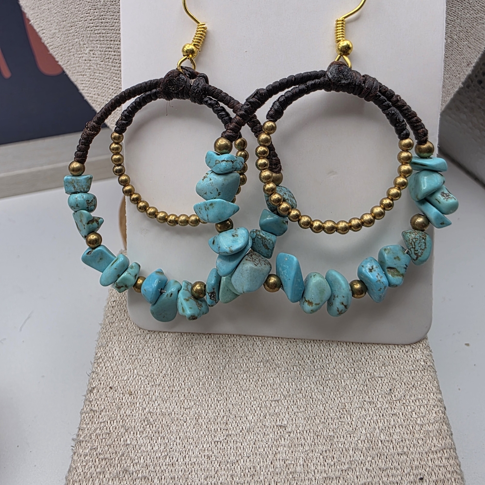 Turquoise and Gold Beaded Hoop Earrings (281)